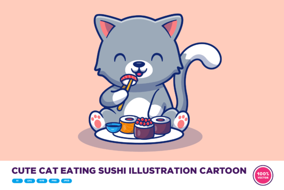 Cute Cat Eating Sushi Illustration Review
